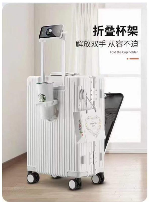 24 inçlik çanta ön açık sert kabuklu alüminyum çerçeve USB şarj portu TSA kilitli bardak tutucu ve orta telefon tutucu
